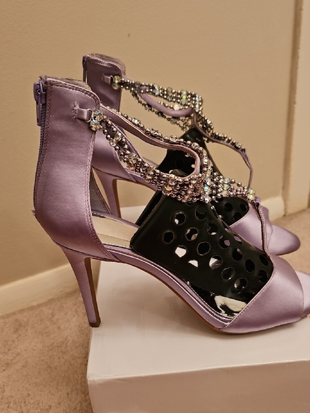 Gianni Bini Lavender Satin Crystal T-Strap Heels - Picture 3 of 7